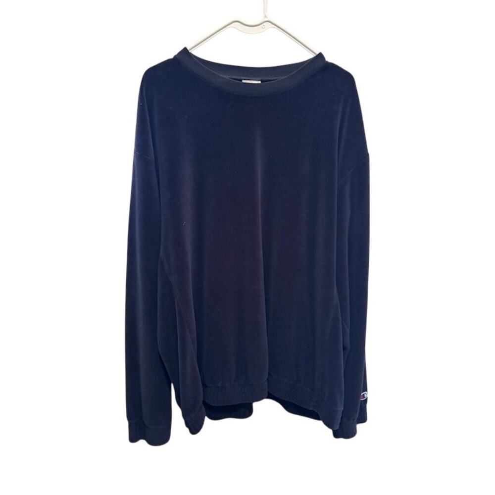 Champion Velour Sweatshirt Crewneck in Navy Blue Ribbed Hem and Sleeves Mens XL